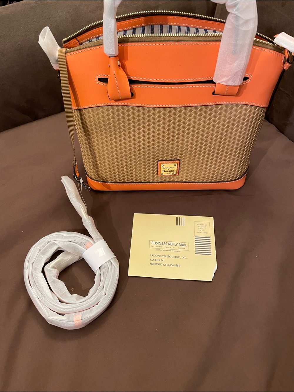 Dooney & Bourke Orange and Tan Woven Tote with Striped Interior